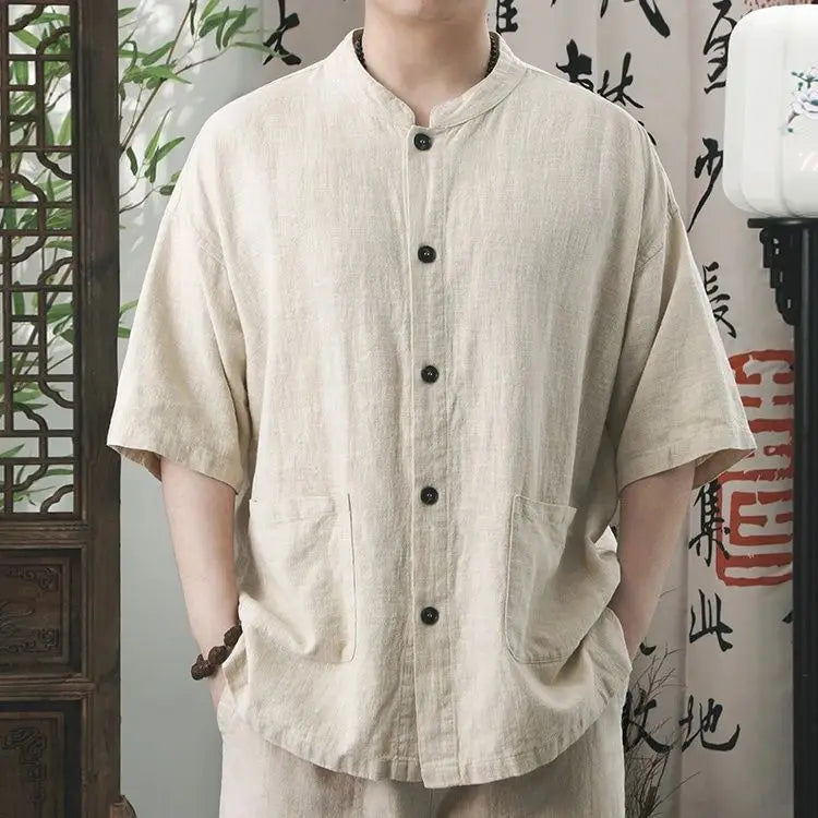 Men’s Cotton Linen Short Sleeve Shirt – Retro Chinese Collar, Casual Loose Summer Top