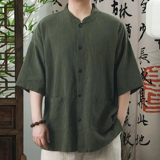 Men’s Cotton Linen Short Sleeve Shirt – Retro Chinese Collar, Casual Loose Summer Top