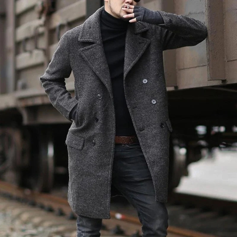 Men’s Double-Breasted Wool Blend Overcoat – Elegant Lapel Jacket with Pockets