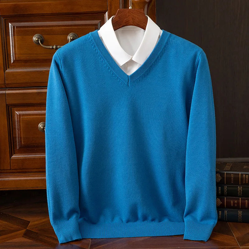 Men’s Super Cashmere Thick Sweater – V-Neck, Warm Autumn/Winter Pullover, Classic Jumper