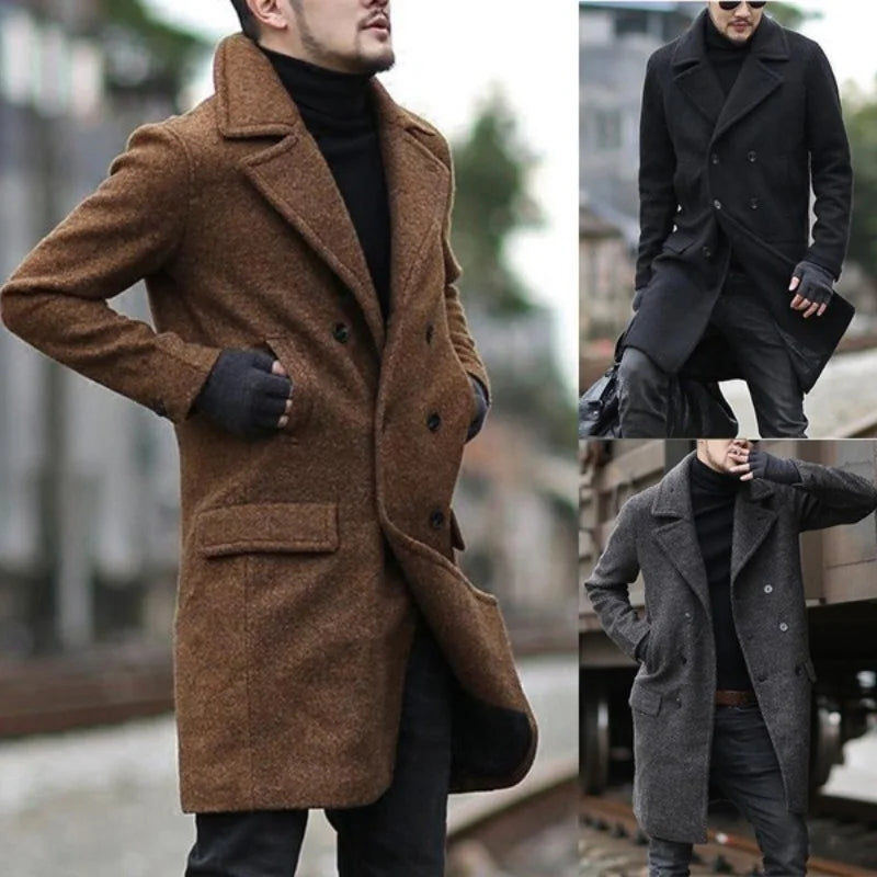 Men’s Double-Breasted Wool Blend Overcoat – Elegant Lapel Jacket with Pockets