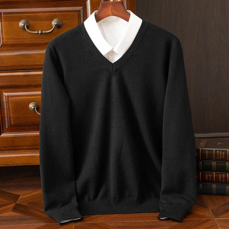 Men’s Super Cashmere Thick Sweater – V-Neck, Warm Autumn/Winter Pullover, Classic Jumper