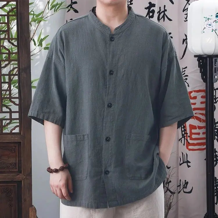 Men’s Cotton Linen Short Sleeve Shirt – Retro Chinese Collar, Casual Loose Summer Top