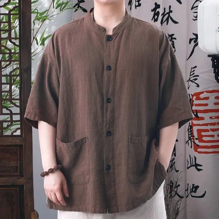 Men’s Cotton Linen Short Sleeve Shirt – Retro Chinese Collar, Casual Loose Summer Top