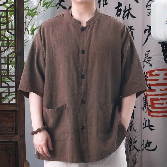 Men’s Cotton Linen Short Sleeve Shirt – Retro Chinese Collar, Casual Loose Summer Top