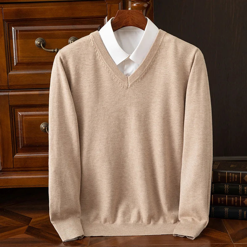 Men’s Super Cashmere Thick Sweater – V-Neck, Warm Autumn/Winter Pullover, Classic Jumper