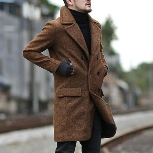 Men’s Double-Breasted Wool Blend Overcoat – Elegant Lapel Jacket with Pockets