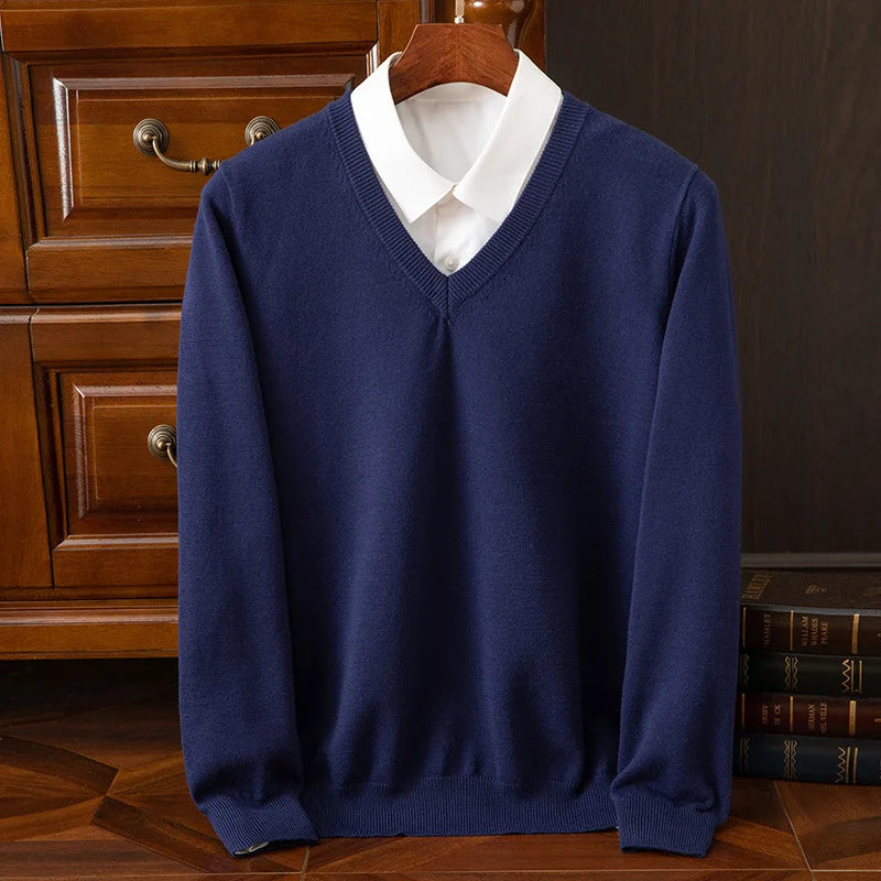 Men’s Super Cashmere Thick Sweater – V-Neck, Warm Autumn/Winter Pullover, Classic Jumper