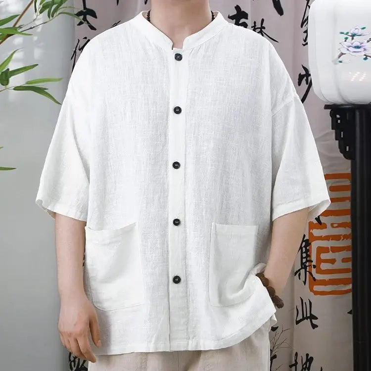 Men’s Cotton Linen Short Sleeve Shirt – Retro Chinese Collar, Casual Loose Summer Top