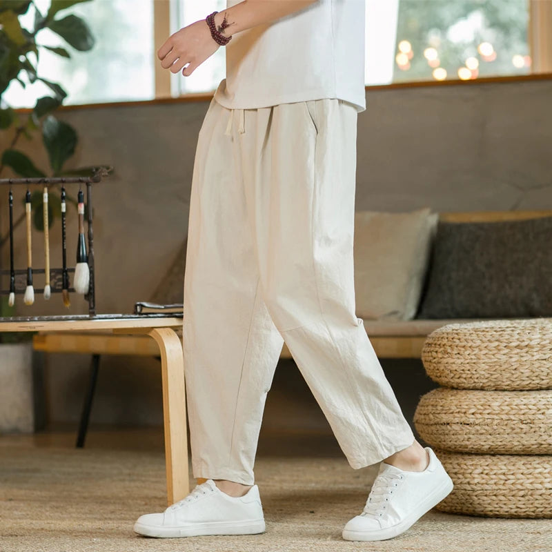 Cotton-Linen Drawstring Trousers – Relaxed Fit Linen Trousers