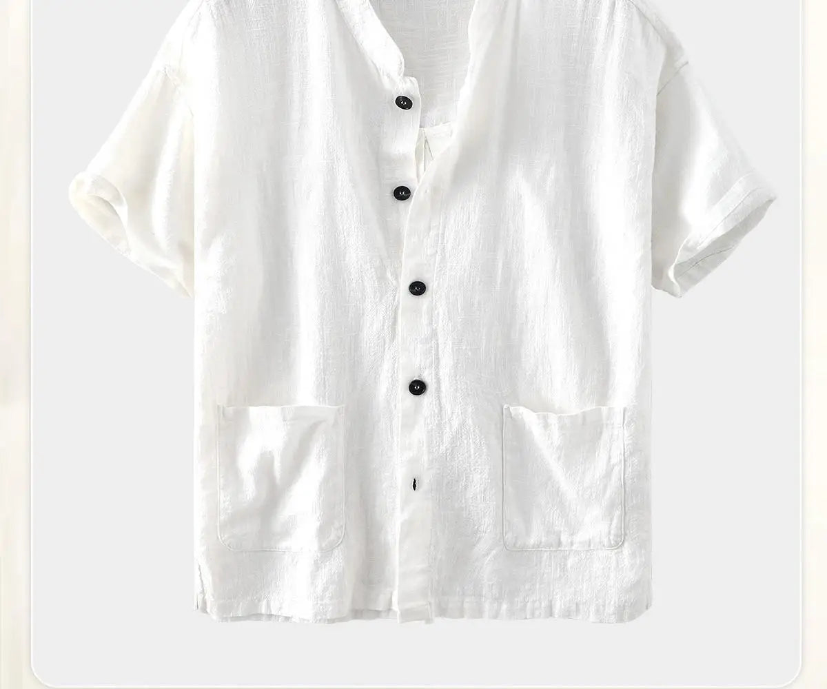 Men’s Cotton Linen Short Sleeve Shirt – Retro Chinese Collar, Casual Loose Summer Top
