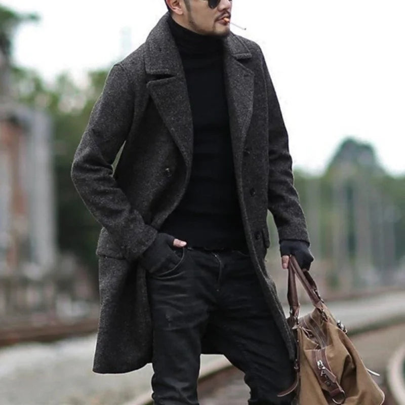 Men’s Double-Breasted Wool Blend Overcoat – Elegant Lapel Jacket with Pockets
