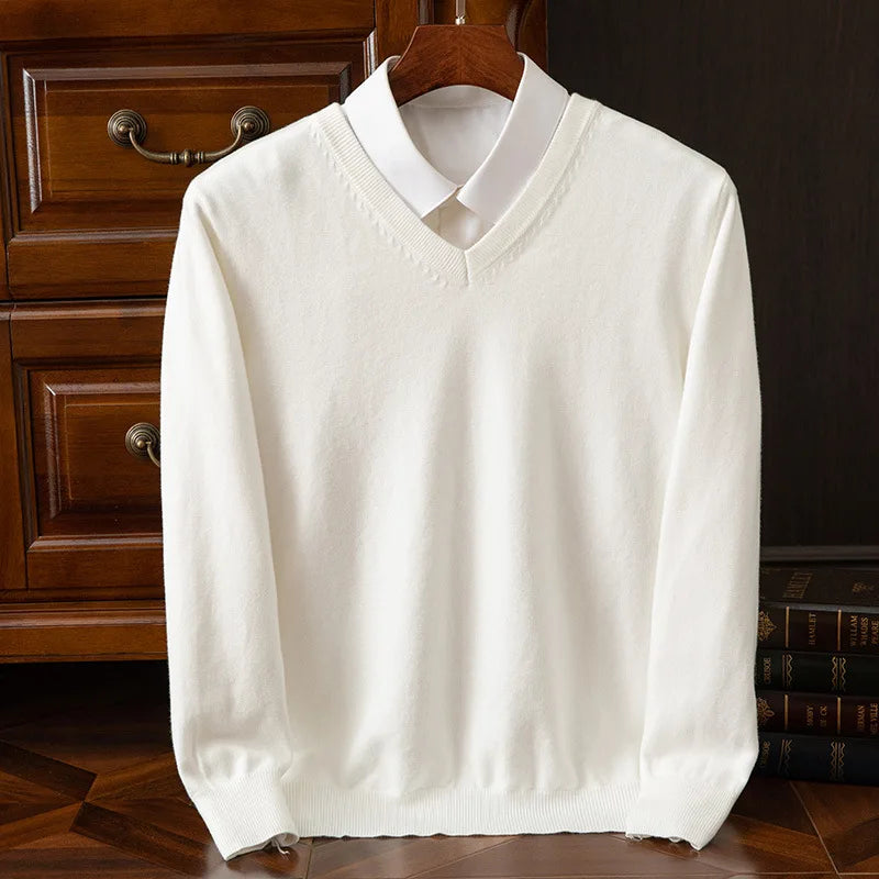 Men’s Super Cashmere Thick Sweater – V-Neck, Warm Autumn/Winter Pullover, Classic Jumper