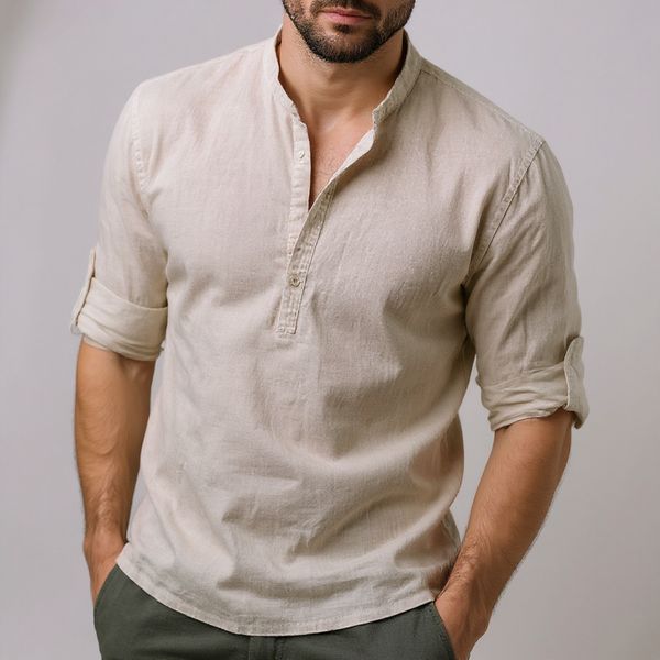 Men’s Cotton Linen Long Sleeve Shirt – Solid Color, Stand Collar, Casual Summer Top