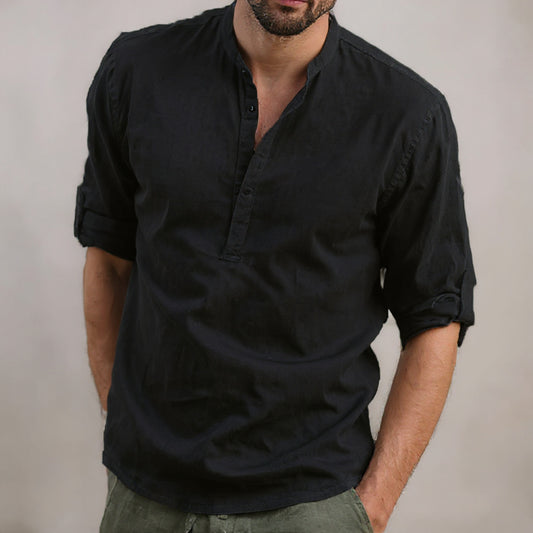 Men’s Cotton Linen Long Sleeve Shirt – Solid Color, Stand Collar, Casual Summer Top