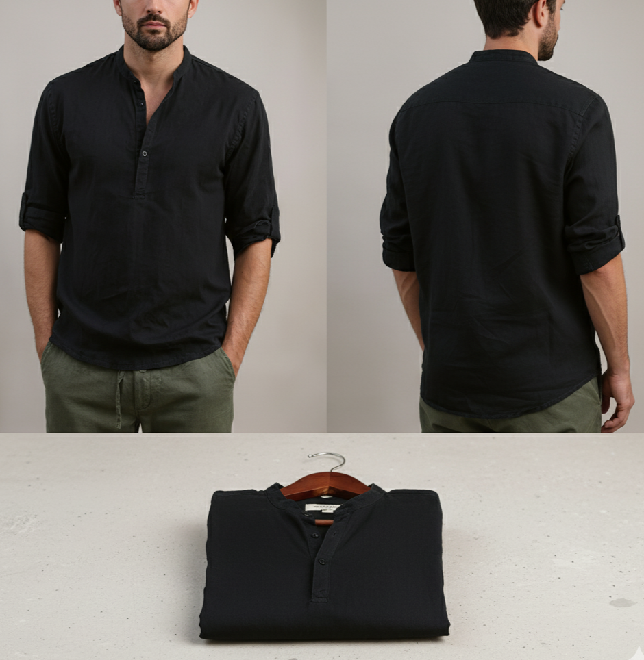 Men’s Cotton Linen Long Sleeve Shirt – Solid Color, Stand Collar, Casual Summer Top