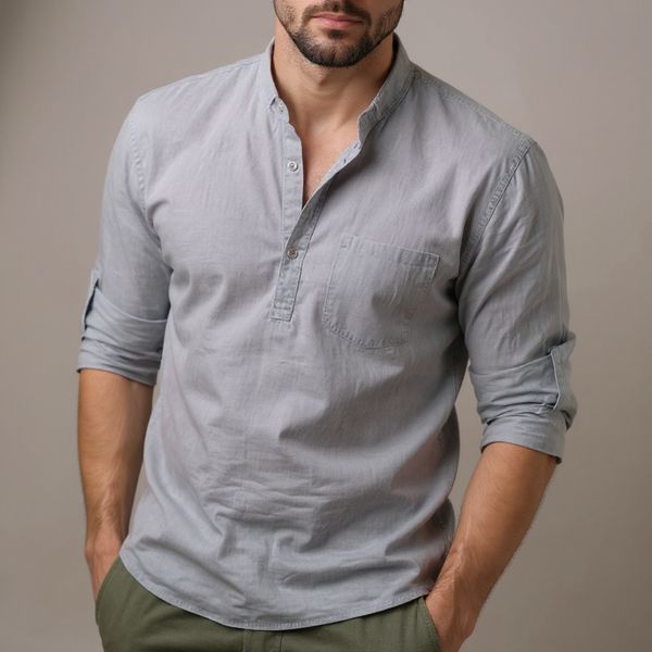 Men’s Cotton Linen Long Sleeve Shirt – Solid Color, Stand Collar, Casual Summer Top
