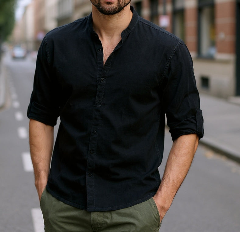 Men’s Cotton Linen Long Sleeve Shirt – Solid Color, Stand Collar, Casual Summer Top