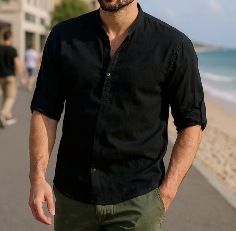 Men’s Cotton Linen Long Sleeve Shirt – Solid Color, Stand Collar, Casual Summer Top