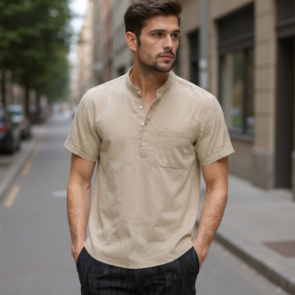 Men’s Cotton Linen Short Sleeve Shirt – Solid Color, Casual, Breathable Summer