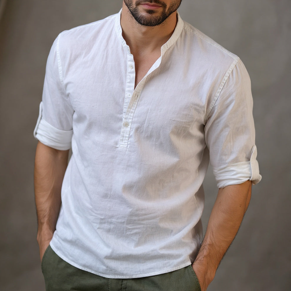 Men’s Cotton Linen Long Sleeve Shirt – Solid Color, Stand Collar, Casual Summer Top